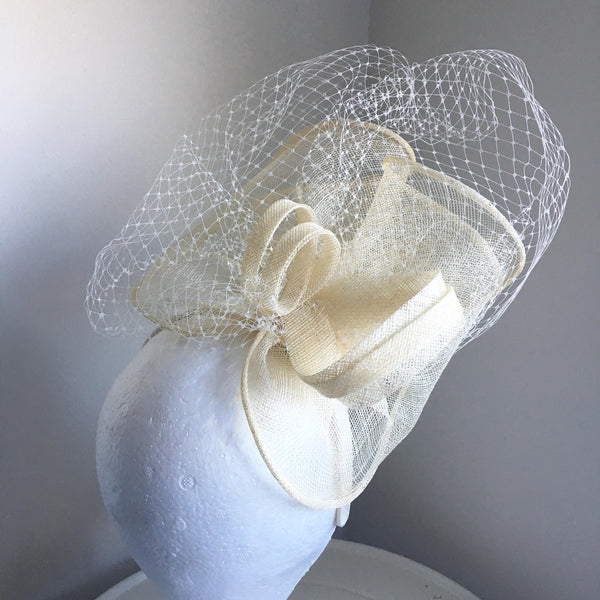 Sale item** Aubrey Cream Fascinator with Netting, Oaks Fascinator, Kentucky Derby Hat with Headband, Spring Racing Hat, Cream Hat, Wedding Hat,Women's Hat