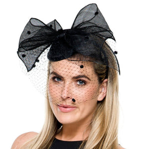 Arielle Black Fascinator with Spotted Netting, Kentucky Derby Fascinator Black, Royal Wedding Millinery, Spring Racing Headband 2019