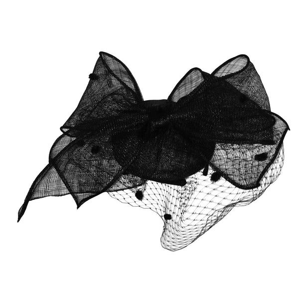 Arielle Black Fascinator with Spotted Netting, Kentucky Derby Fascinator Black, Royal Wedding Millinery, Spring Racing Headband 2019