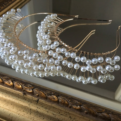 SALE ITEM Freya Pearl-Look Gold Headpiece, Simulated Pearl Crown, Pearl Headband, Cream Derby Headpiece Fascinator, Wedding Headpiece,Bridal