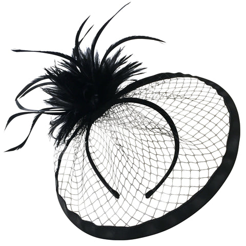 Emmy Black Netted Fascinator with Feather Feature, Derby Hat Black, Kentucky Derby Headband, Unique Black Fascinator, Ladies Tea-Party Hat