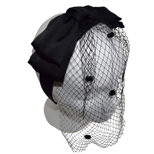 SAMARA Black Satin Bow Headband with Veiling, Kentucky Derby Headband, Royal Wedding Headpiece, Horse Races Headband,  Formal Hair Accessory