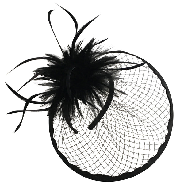 Emmy Black Netted Fascinator with Feather Feature, Derby Hat Black, Kentucky Derby Headband, Unique Black Fascinator, Ladies Tea-Party Hat