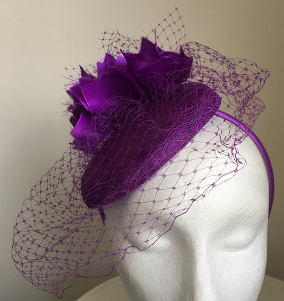 FIFI Purple Fascinator with Netting, Kentucky Derby Hat, Spring Racing Fashion 2023, Royal Wedding Hat, Ladies Tea-Party Hat with Headband