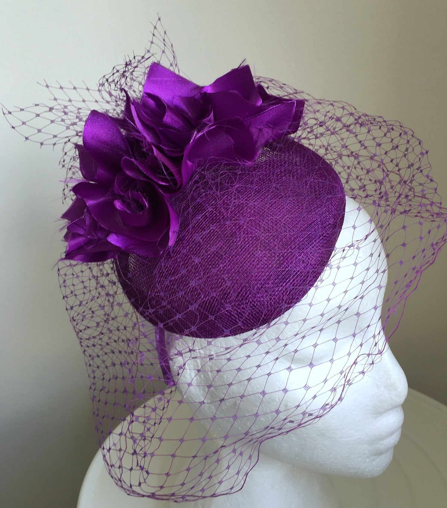 FIFI Purple Fascinator with Netting, Kentucky Derby Hat, Spring Racing Fashion 2023, Royal Wedding Hat, Ladies Tea-Party Hat with Headband